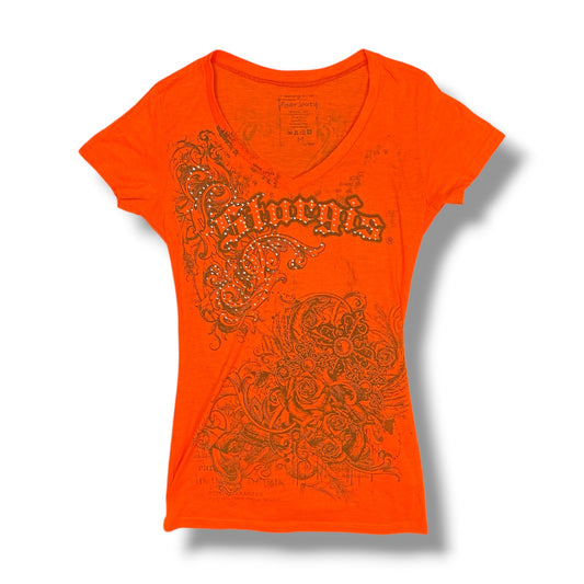 Sturgis South Dakota Orange V-Neck Rhinestone Graphic Tee (M)