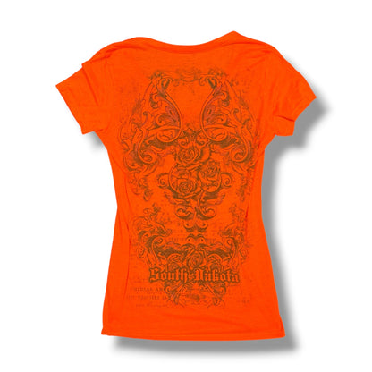 Sturgis South Dakota Orange V-Neck Rhinestone Graphic Tee (M)